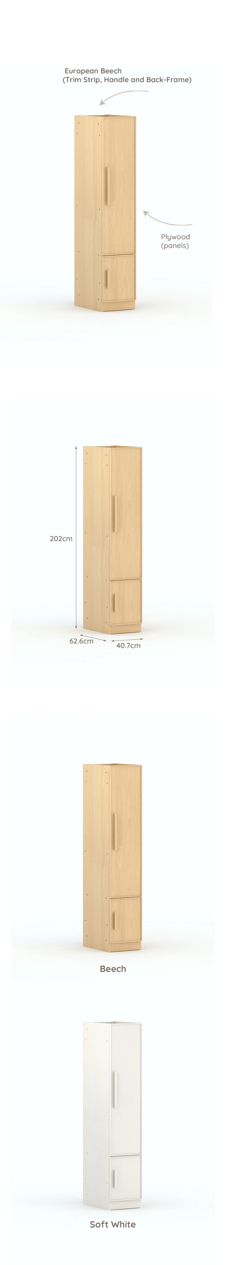 Boori Small Size Single Door Wooden Storage Wardrobe Cabinet Clothes Organizer