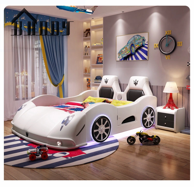 Light Luxury Car Design Children Bed Modern Leather Wooden Cartoon Car Bed Modern Kids Bedroom Furniture with LED Light and Music