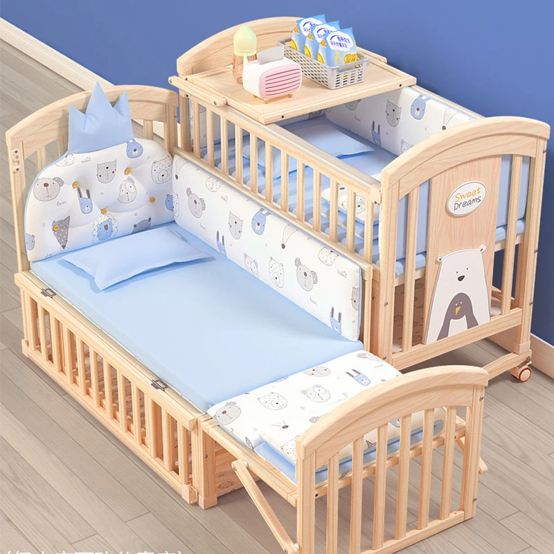 New Baby Cribs Natural Unpainted Solid Pine Wood Baby Bed Crib Cot Adjustable Wheels Shaking Table Kid&prime;s Crib Bedroom Furniture