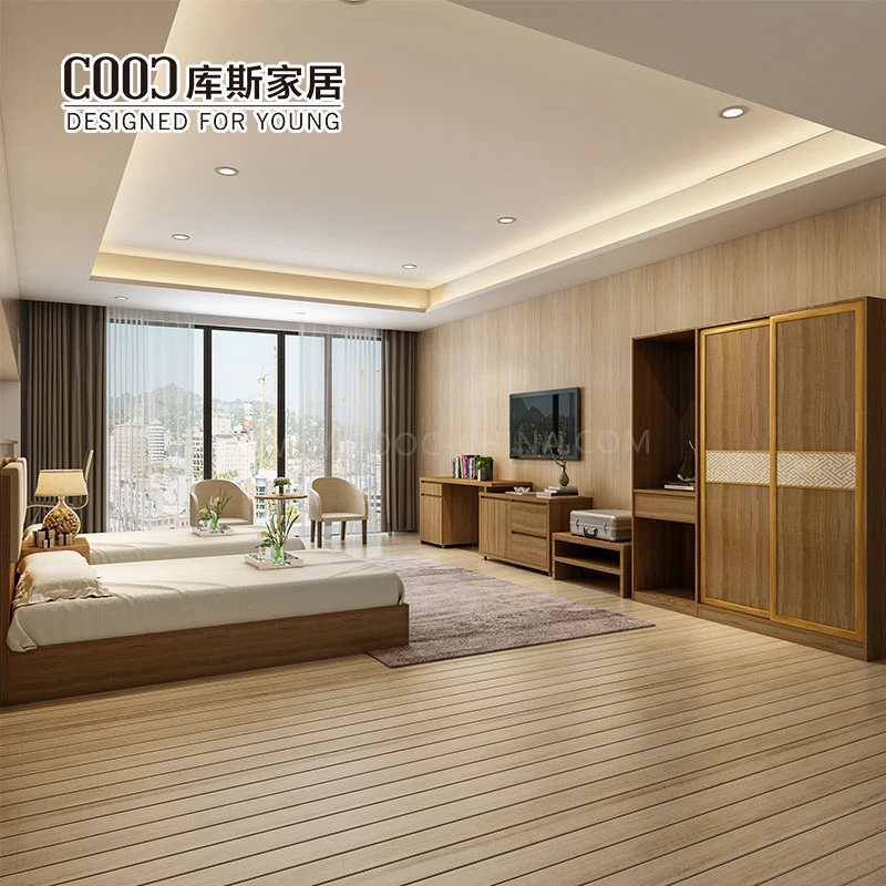 Foshan Factory One Stop 5 Star Modern Apartment Bedroom Two Single Bed Woodem Hotel Room Furniture Set