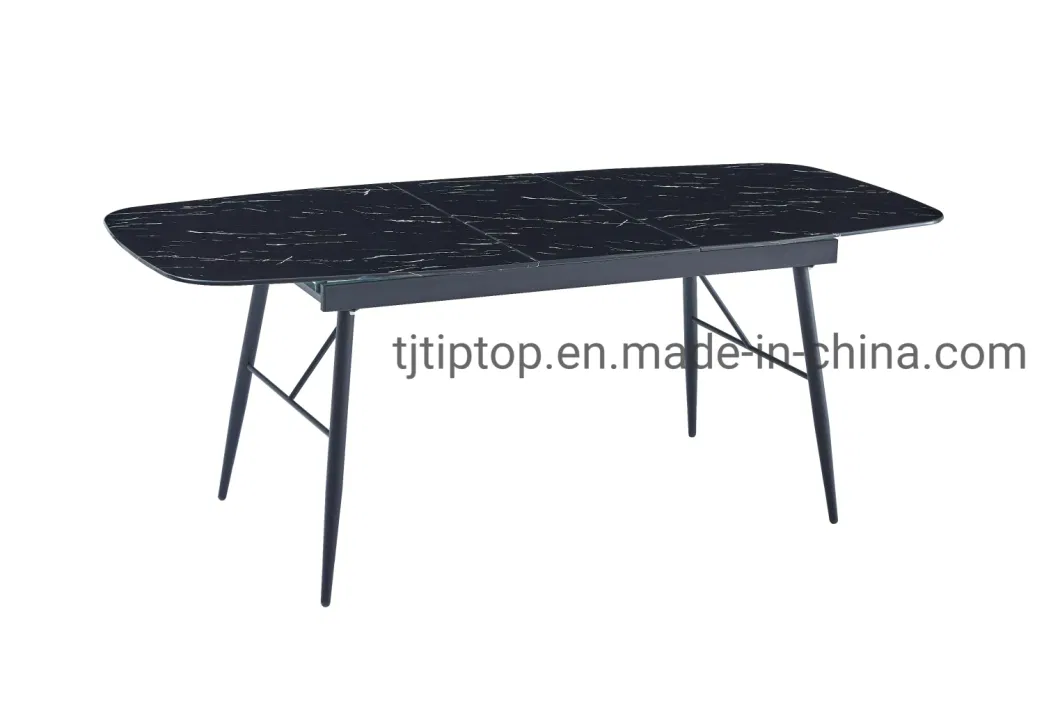 Home Furniture Living Furniture New Design Dining Room Table Tempered Glass Rectangle Top Extension Dining Table with Black Powder Coating Dining Table