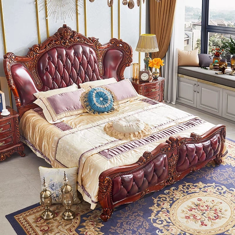 Customized Bedding Furniture Comfortable Headboard Genuine Leather Double Bed Bedroom Set