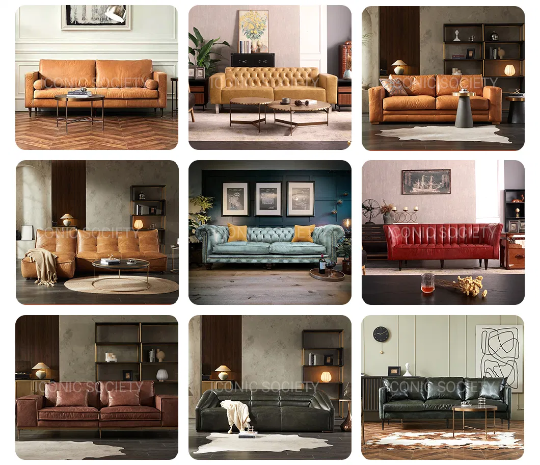 Modern Hotel Living Room Furniture Office Home Channel Tufted Wooden Vintage Couch Set Luxury Genuine Leather Sofa