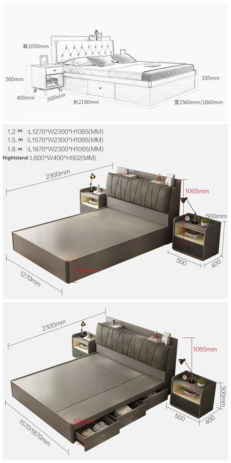 Modern Wooden Furniture Bedroom Set Folding Single Sofa Double King Queen Size Bed