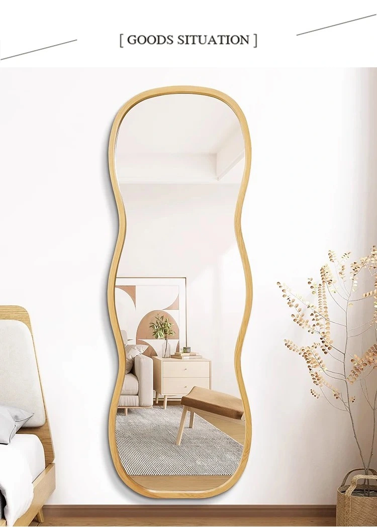 Floor Tall Body Mirror, Irregular Big Long Mirror Dressing Mirror for Bedroom Living Room Leaning Against Wall Flannel Wrapped Wooden Frame Log Color