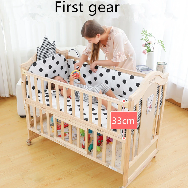 Modern Baby Bedroom Bedside Crib Attached to Adult Bed Wooden Cherry Color Baby Bed Cot