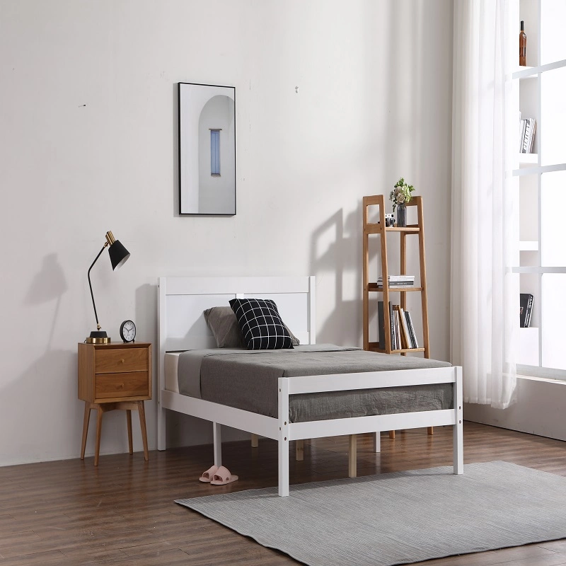 Home Bedroom Simple White K/D Solid Wood Single Double Bed Furniture