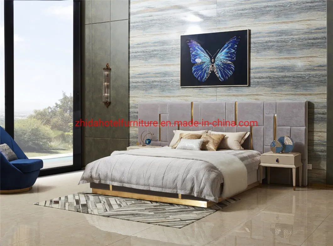 Zhida Luxury Style Hotel Furniture Bedroom Set Velvet King Size Bed