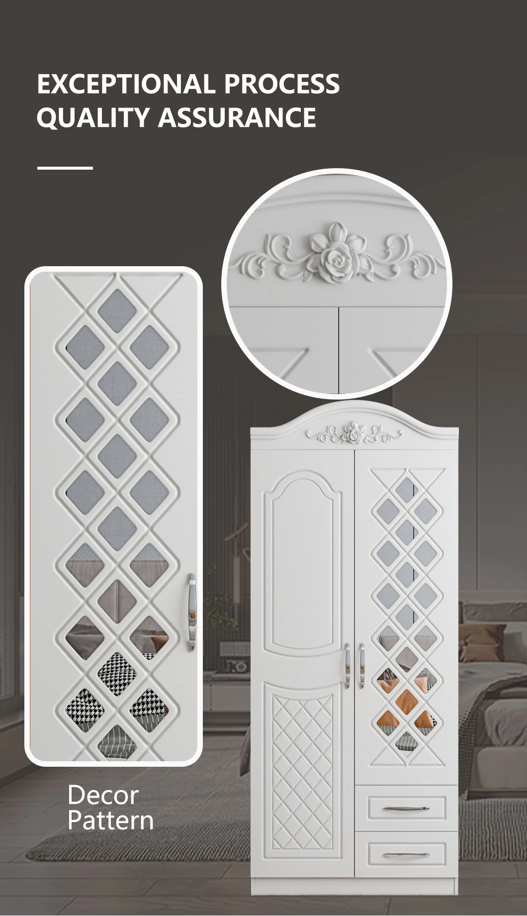 Hot Sale 2 Door Large White Wardrobe with Mirror EXW Wholesale 500 mm Depth Almirah Turkish Style Bedroom Furniture Set