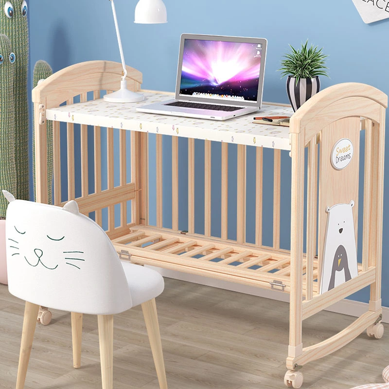 New Baby Cribs Natural Unpainted Solid Pine Wood Baby Bed Crib Cot Adjustable Wheels Shaking Table Kid&prime;s Crib Bedroom Furniture