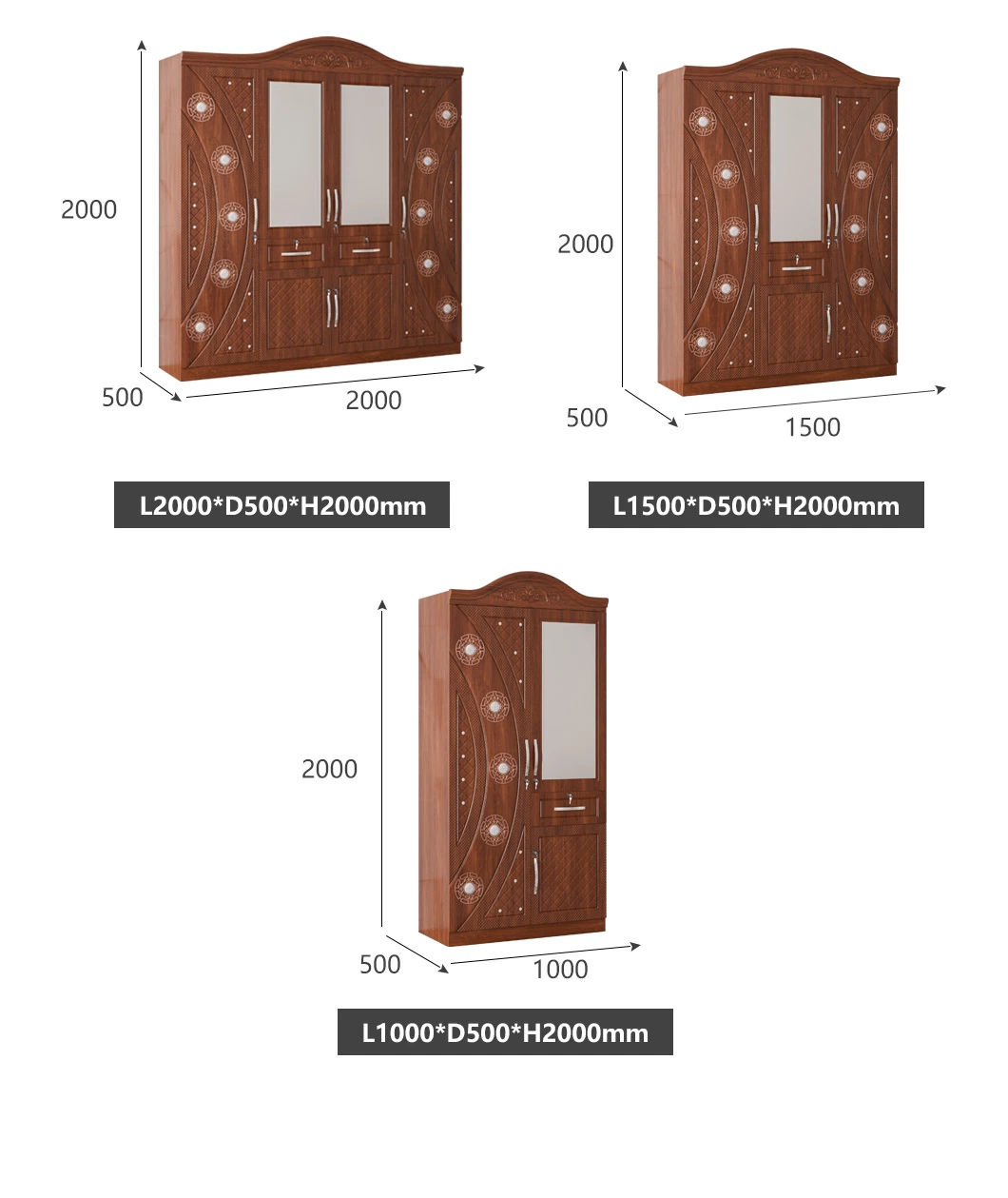 Hot Sale Classic 4 Door Wardrobe with Cupboard Cabinet Wholesale Brown Large 500 mm Depth Wardrobe Bedroom Furniture Set