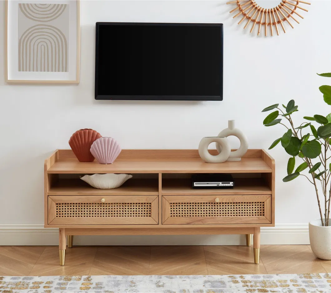 Nova Nordic Retro Living Room Wood Color Solid Natural Rattan Wooden TV Stand Furniture with 2 Drawers Cabinet