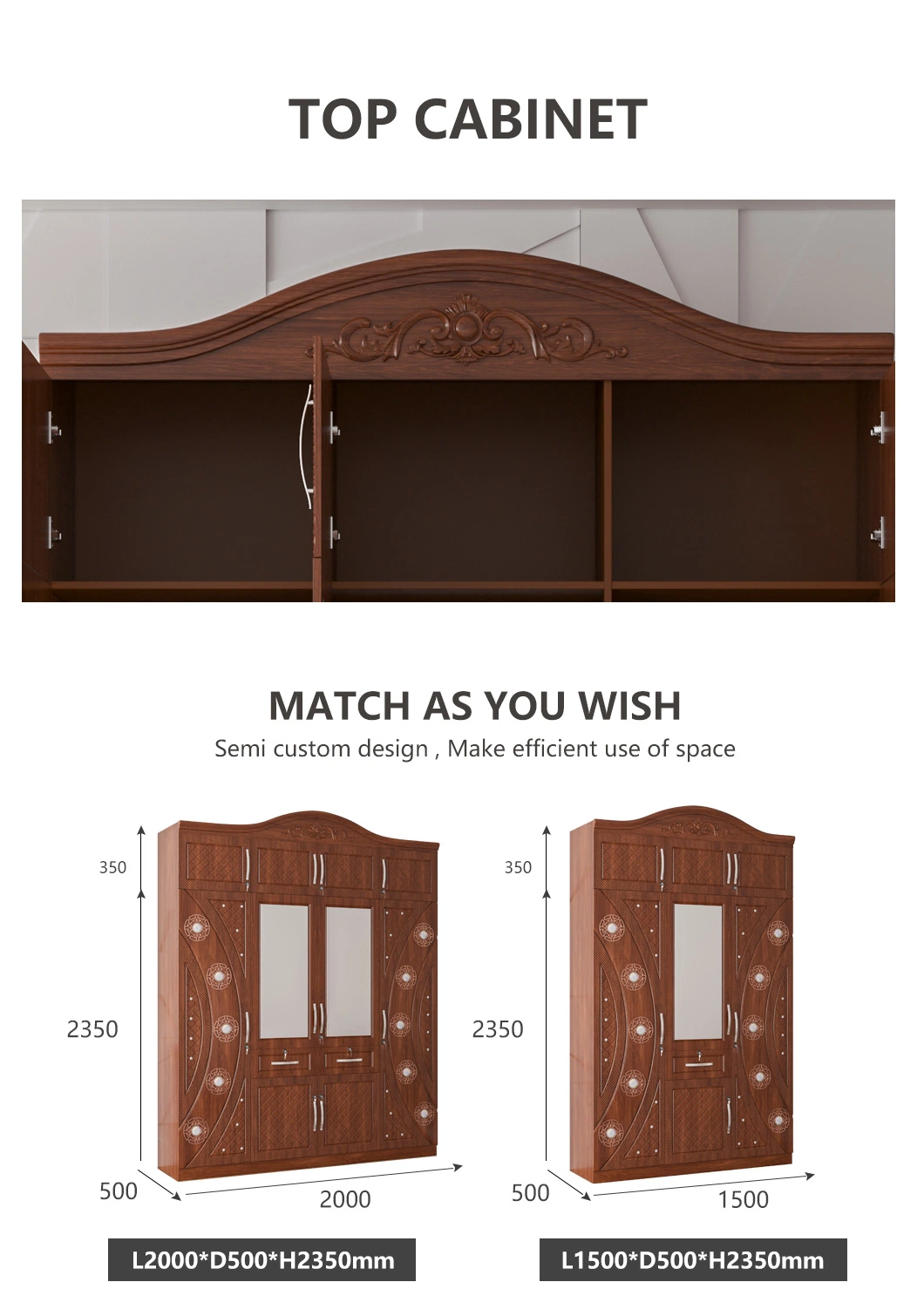 Hot Sale Classic 4 Door Wardrobe with Cupboard Cabinet Wholesale Brown Large 500 mm Depth Wardrobe Bedroom Furniture Set