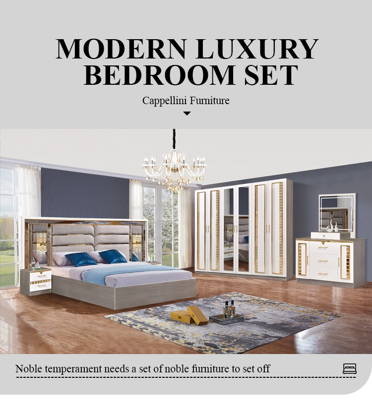 Luxury Modern Design King Bed Full Size Master Suite Complete Wooden Bedroom Furniture Set with Bed and Wardrobes