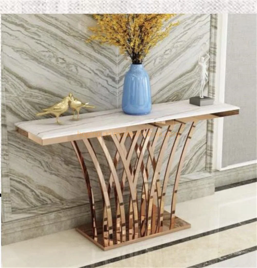 Double Marble Tabletop Side Table Console Table Tea Table Coffee Table with Golden Stainless Steel Frame for Living Room Bedroom Office Hotel