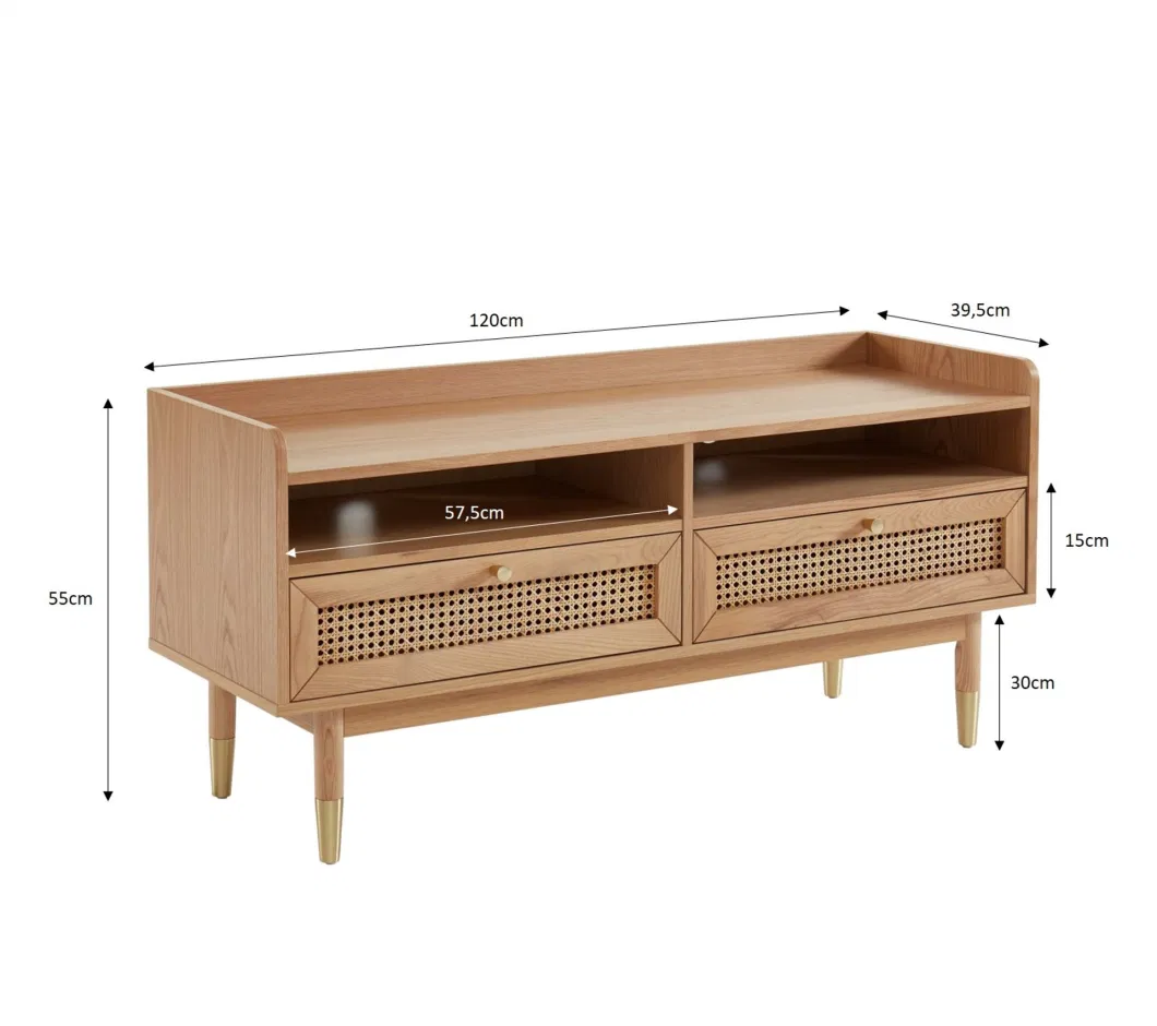 Nova Nordic Retro Living Room Wood Color Solid Natural Rattan Wooden TV Stand Furniture with 2 Drawers Cabinet