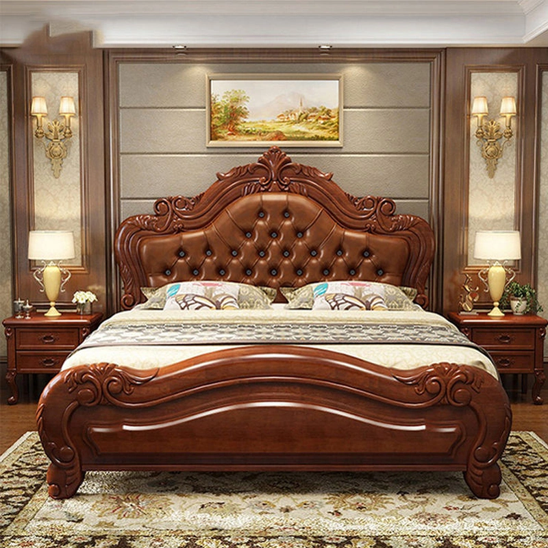 Bedroom Furniture Villa Luxury Design Wood Round Leather Queen Size Bed Set Bed