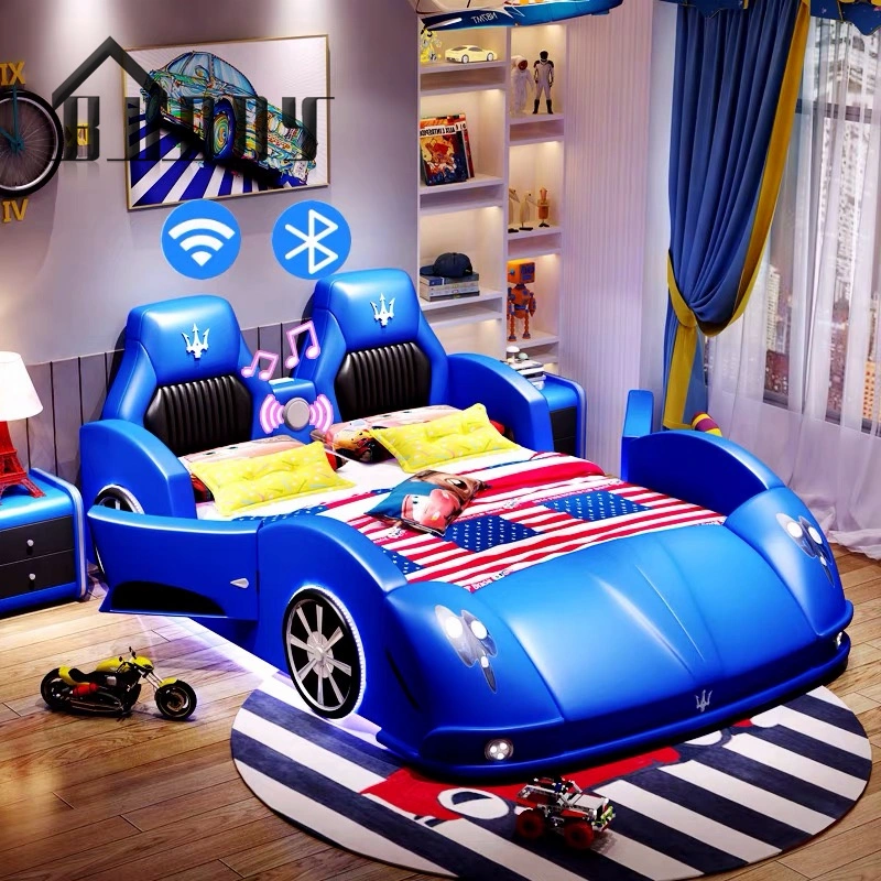 Light Luxury Car Design Children Bed Modern Leather Wooden Cartoon Car Bed Modern Kids Bedroom Furniture with LED Light and Music