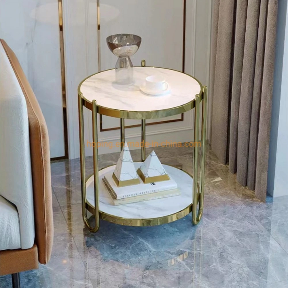 Double Marble Tabletop Side Table Console Table Tea Table Coffee Table with Golden Stainless Steel Frame for Living Room Bedroom Office Hotel