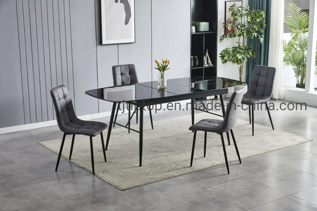 Home Furniture Living Furniture New Design Dining Room Table Tempered Glass Rectangle Top Extension Dining Table with Black Powder Coating Dining Table