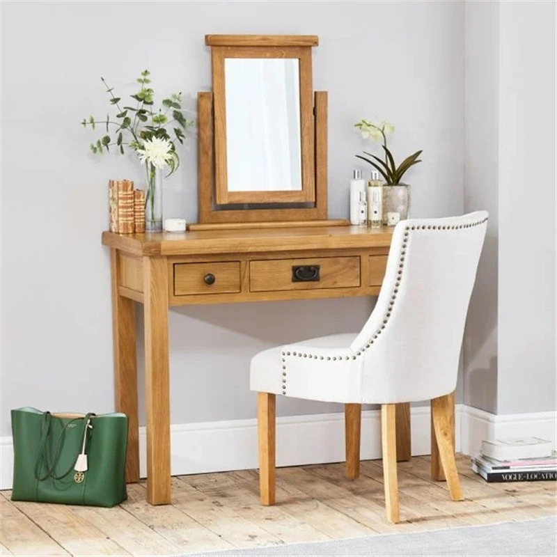 Natural Rustic Oak Dressing Table with Mirror and Chair Set, 3 Drawers Makeup Vanity Desk Table, Movable Mirror, Chair Dresser Bedroom Furniture