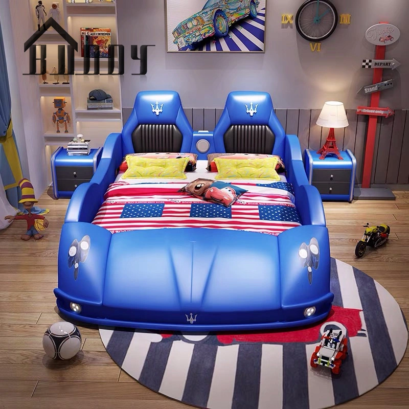 Light Luxury Car Design Children Bed Modern Leather Wooden Cartoon Car Bed Modern Kids Bedroom Furniture with LED Light and Music