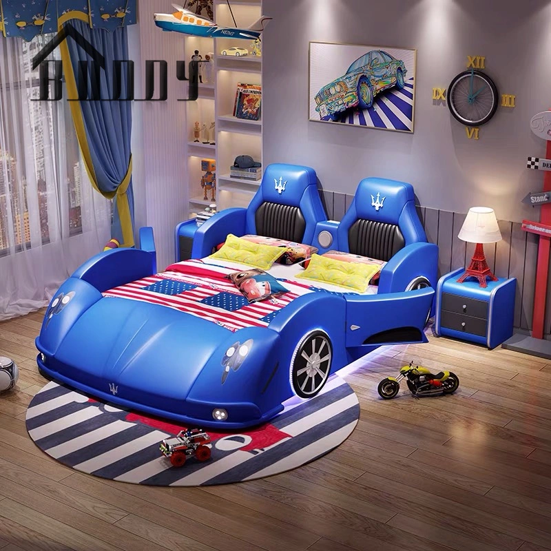 Light Luxury Car Design Children Bed Modern Leather Wooden Cartoon Car Bed Modern Kids Bedroom Furniture with LED Light and Music