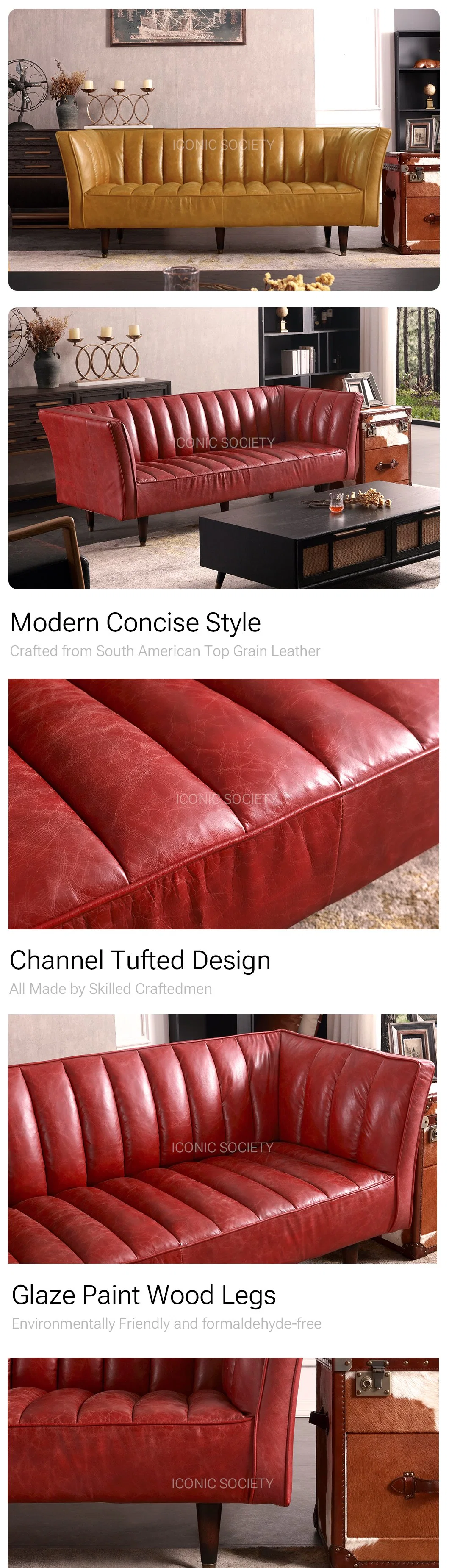 Modern Hotel Living Room Furniture Office Home Channel Tufted Wooden Vintage Couch Set Luxury Genuine Leather Sofa