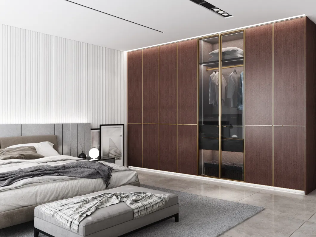 Metal Edge High-End Melamine Wood Storage Bedroom Cherry Walk in Closet Armoire Custom Made Wardrobe with Drawers Solid Wood Modern