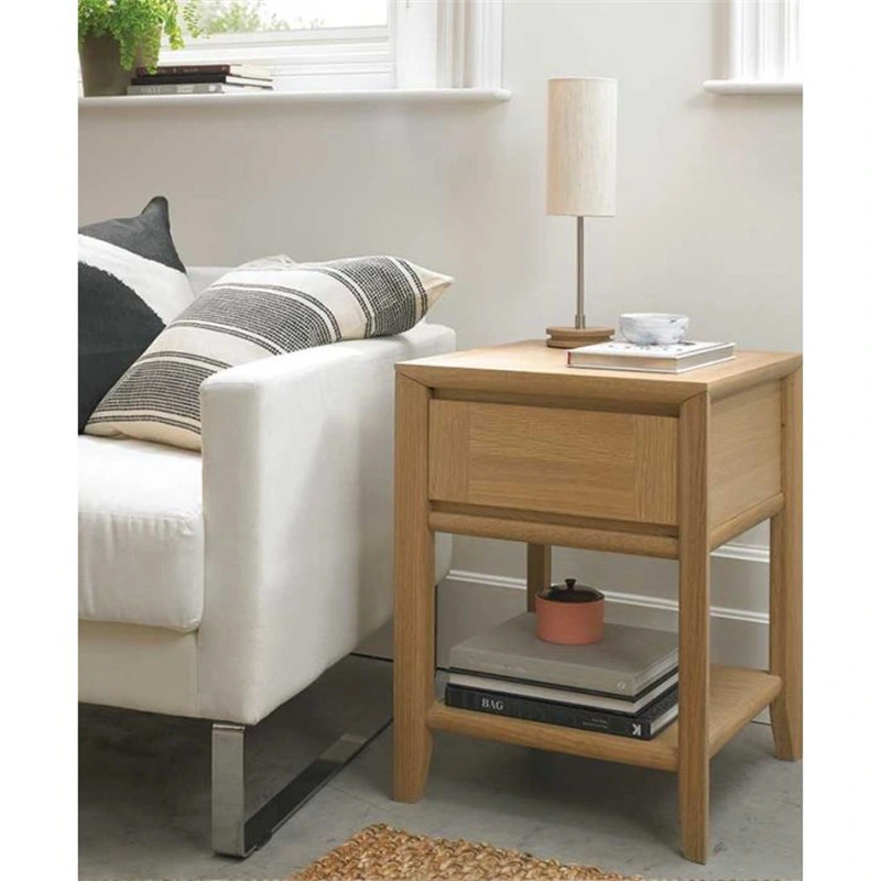 Manufacture Stylish Natural Oak Living Room Sofa Center Side Table with Storage Drawer and 1 Shelf, Modern Veneer Bedroom Lamp Table