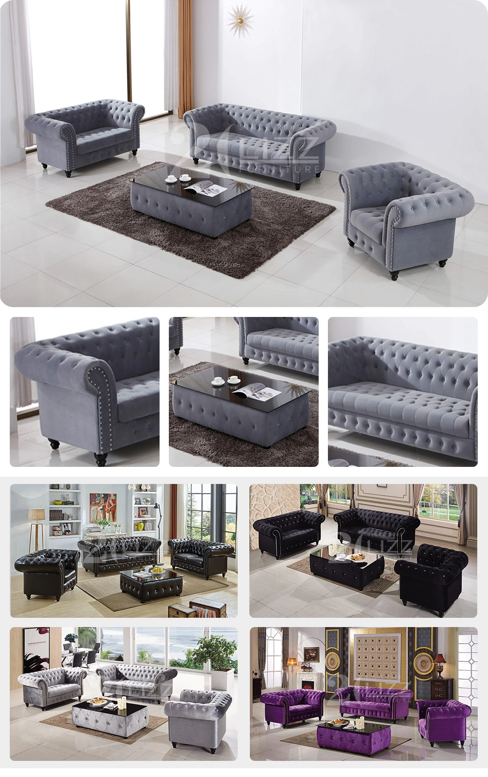 Canada Promotion Chesterfield Living Room Furniture Leisure Velvet Fabric Sofa Set