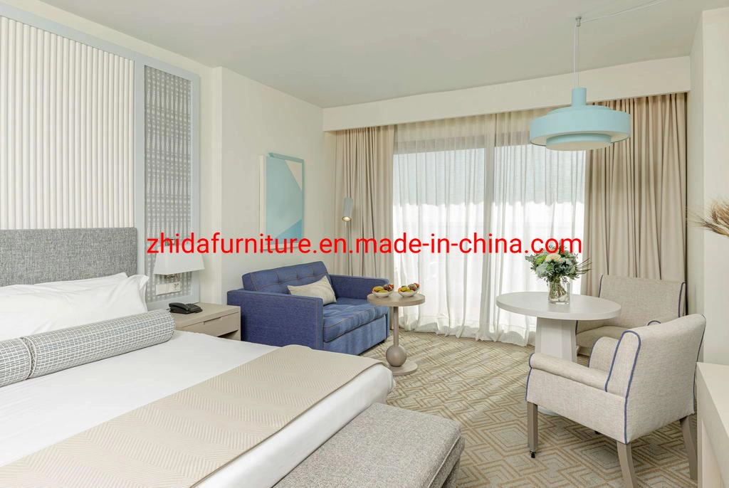 Modern Customized Finishing Seaside Vacation Hotel Furniture Apartment Living Room Fabric Sofa Villa Bedroom King Size Bed Furniture with Mirror Headboard Wall