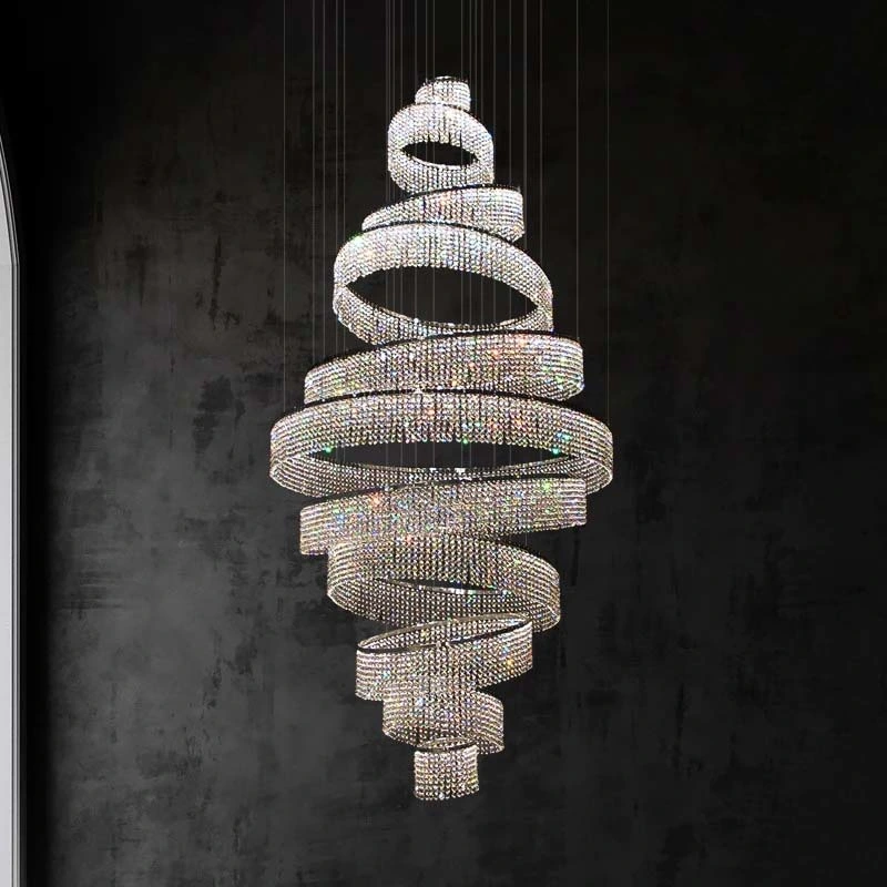 Ring Luxury Staircase Crystal LED Chandelier for Living Room Lobby Large crystal Interior Lighting (WH-NC-114)