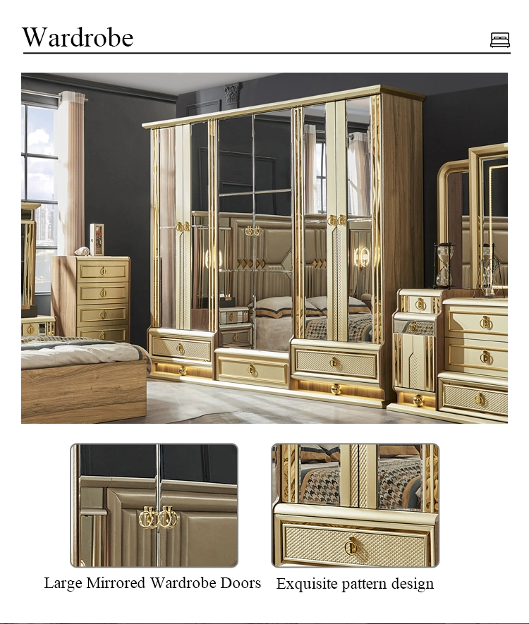 Classic Royal Luxury Gold King Size Double Bed Villa Home Master Room Queen MDF Wooden Full Set Bedroom Furniture