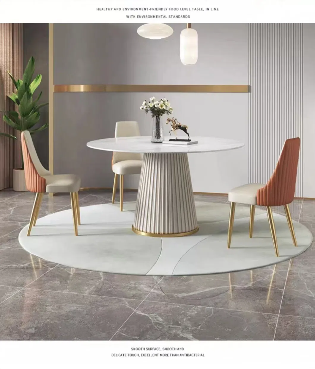 Modern Living Room Rock Board Furniture PU Leather Facing Round Dining Table