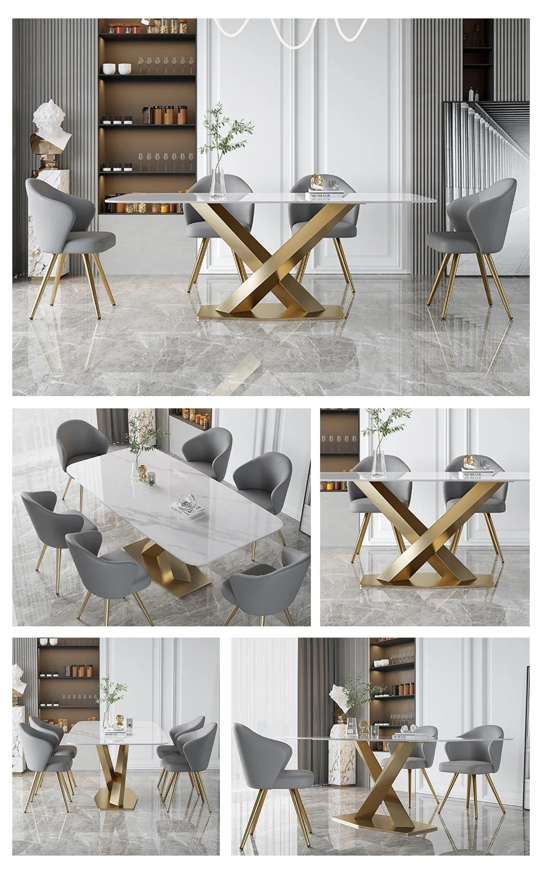 Luxury Antique Italian Modern Rectangle Stone Marble Dining Table Set 6 Chairs Home Hotel Restaurant Metal Leg Dining Room Furniture