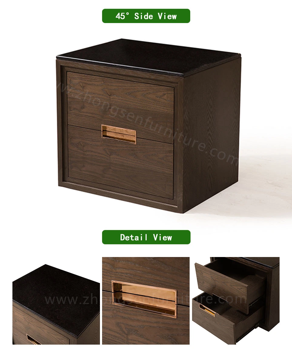 Marble Top Wooden Two Layer Walnut Wood Veneer Bedside Table for Hotel Bedroom