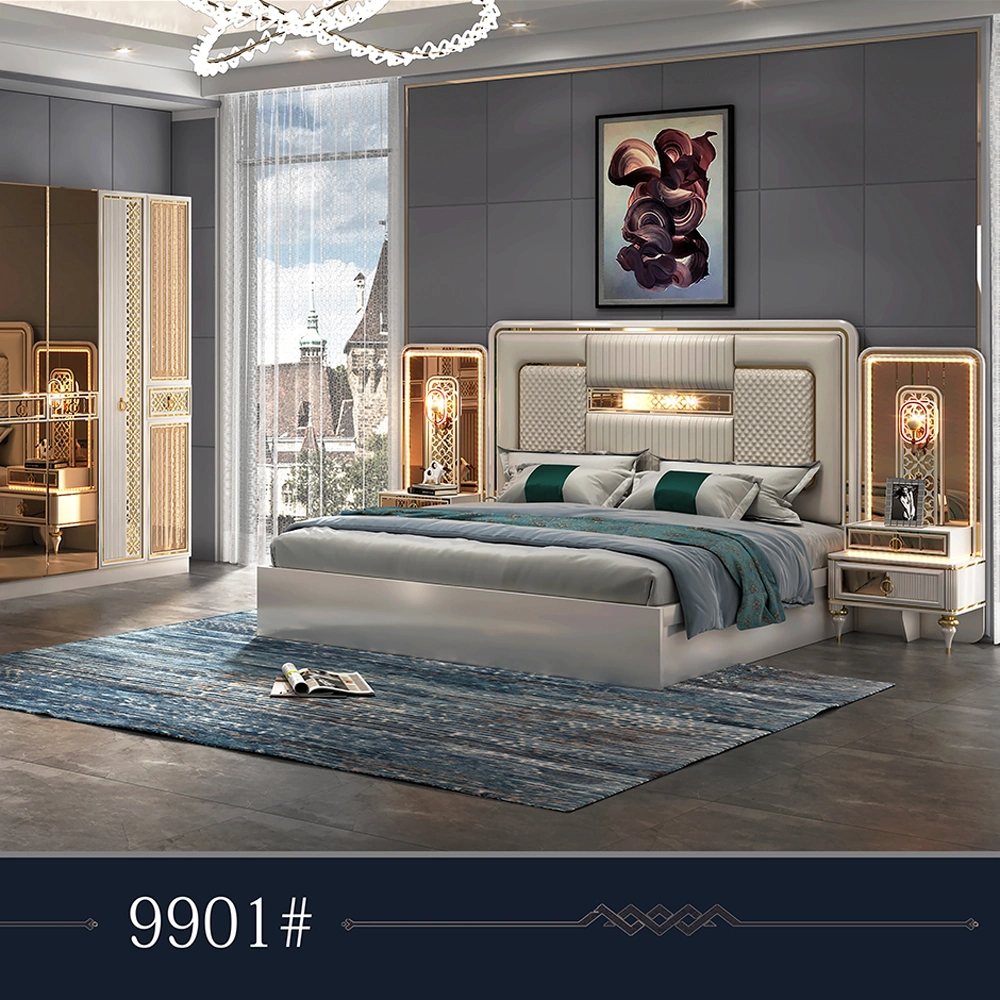 9015 Latest Modern Hotel Bedroom Furniture Set King Size Bed Set with Sliding Wardrobe and Make up Table 5 Pieces Set for Home