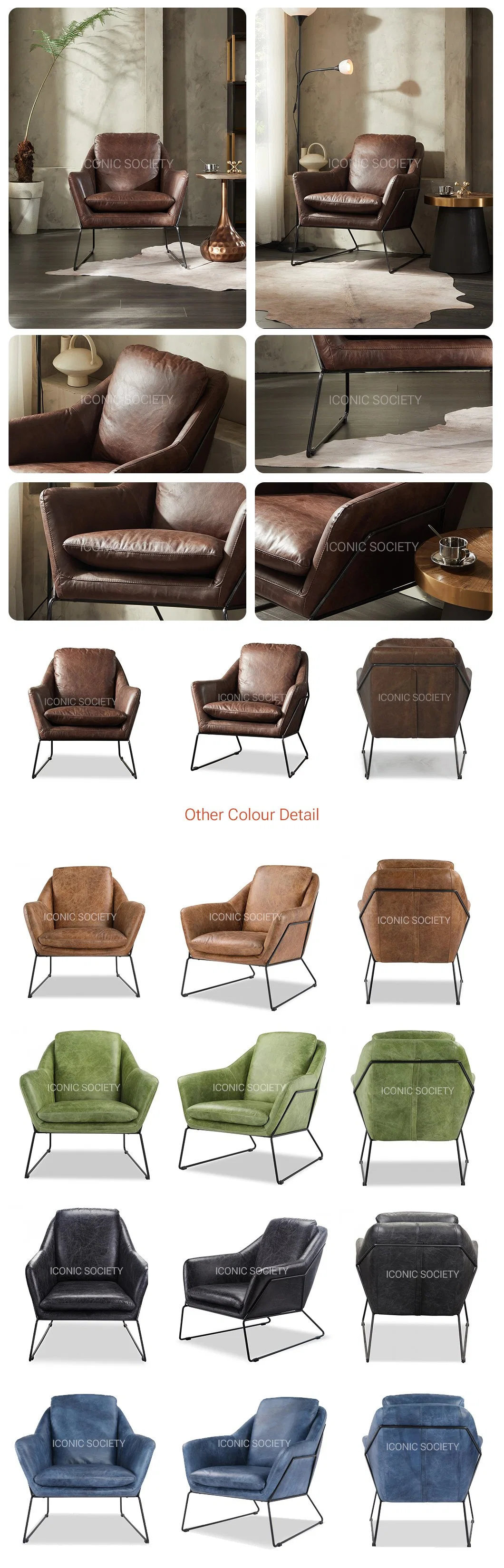 Modern Genuine Leather Contemporary Industrial Foshan Home Living Room Restaurant Hotel Furniture Metal Steel Pipe Leather Dining Accent Arm Chair