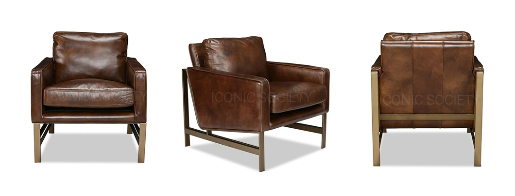 Handmade OEM Manufacturing Living Room Home Furniture Metal Frame Stylish Single Chair Leisure Sofa Set Genuine Leather Accent Armchair