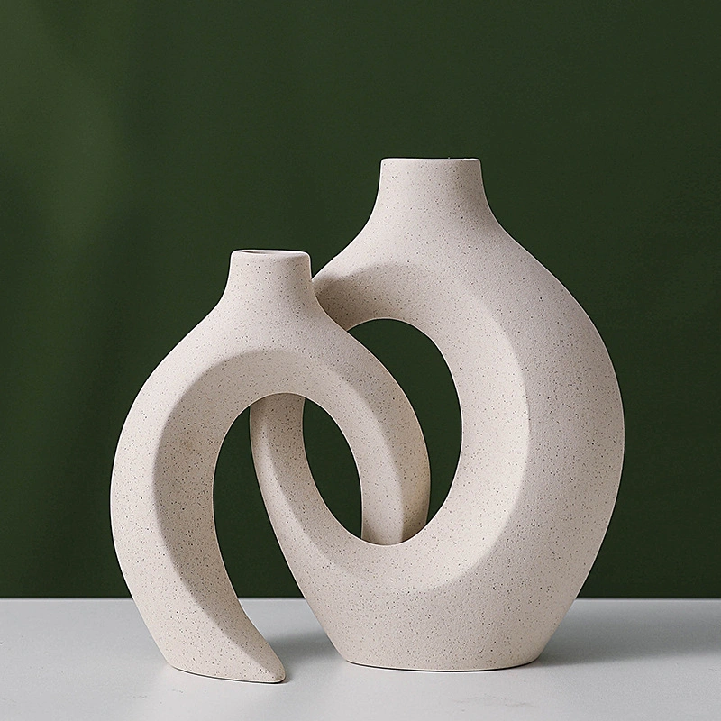 Hollow Ceramic Vase Set of 2 for Modern Home Decor, White Boho Donut Vases Nordic Minimalist Decorative Vase for Table Centerpiece Wedding Dining Living Room