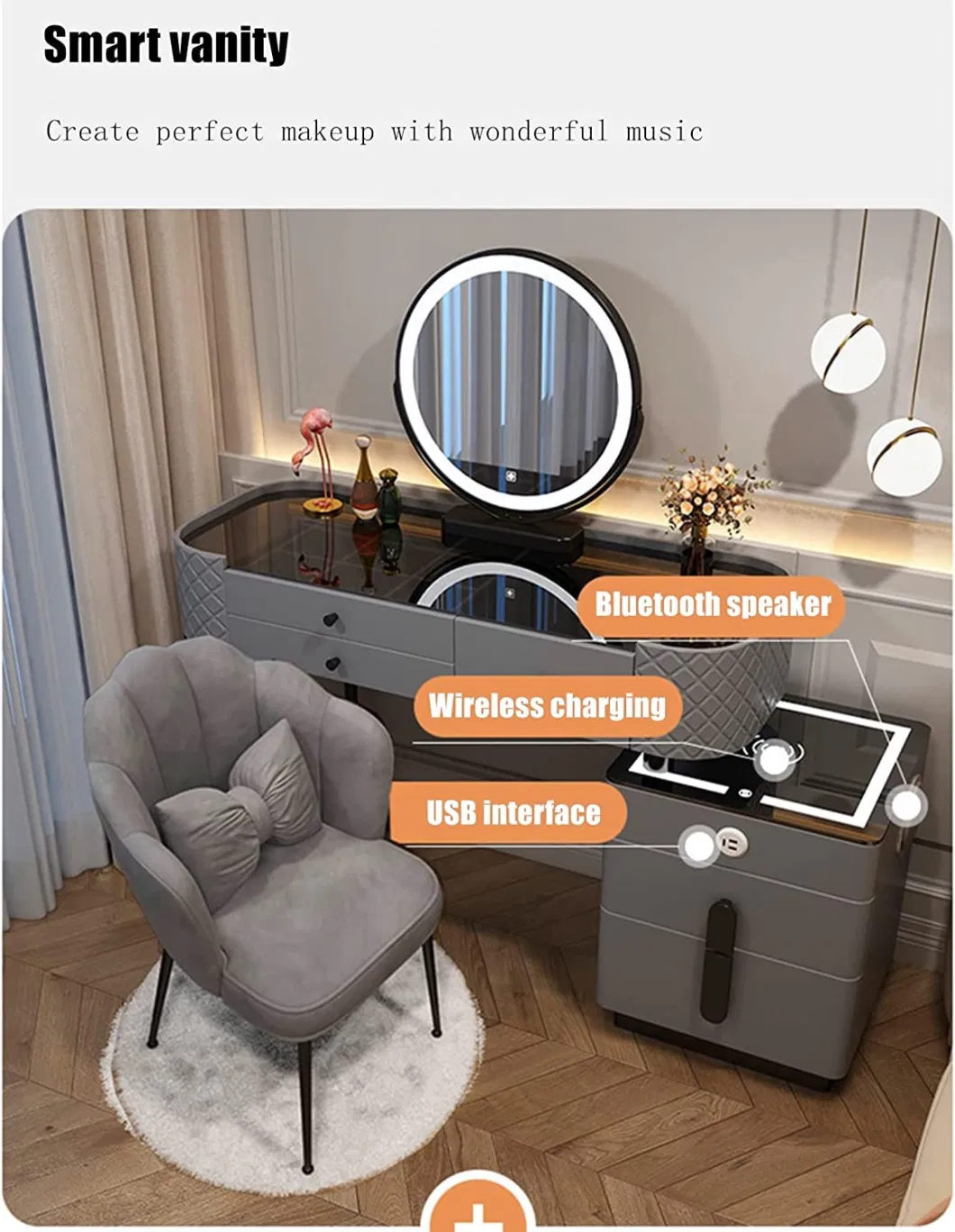 Home Bedroom Multifuncitional Vanity Furniture Set with LED Light Modern Smart Intelligent Dresser with Mirror Dressing Table with Metal Legs Wireless Charging