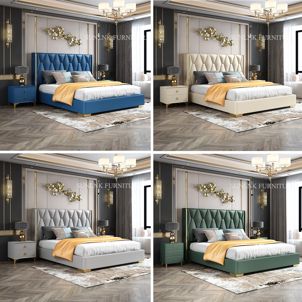 Luxury Home Leather Cama Furniture Set Tufted Wooden King Size Bedroom Bed