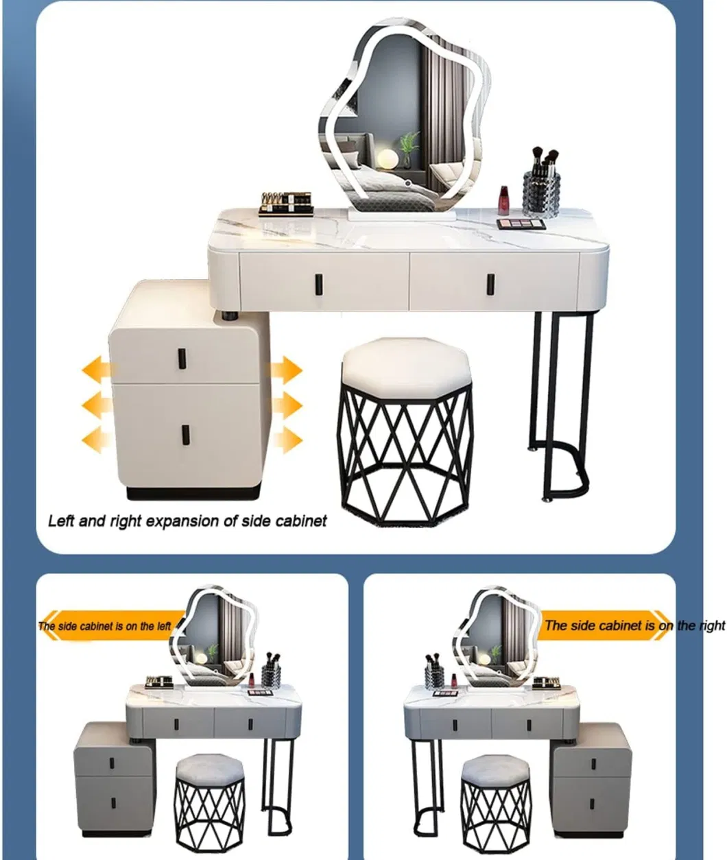 Nordic Modern Home/Bedroom Makeup Vanity Set Expandable Dressing Table with Cabinet Mirror and Stool Included with LED Light