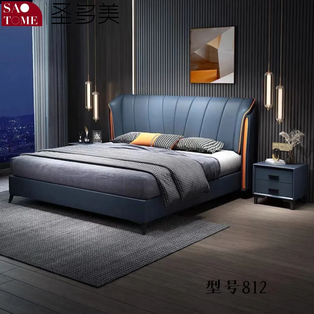 Modern Bedroom Furniture off-White with Dark Grey Leather and Solid Wood Frame Double Bed