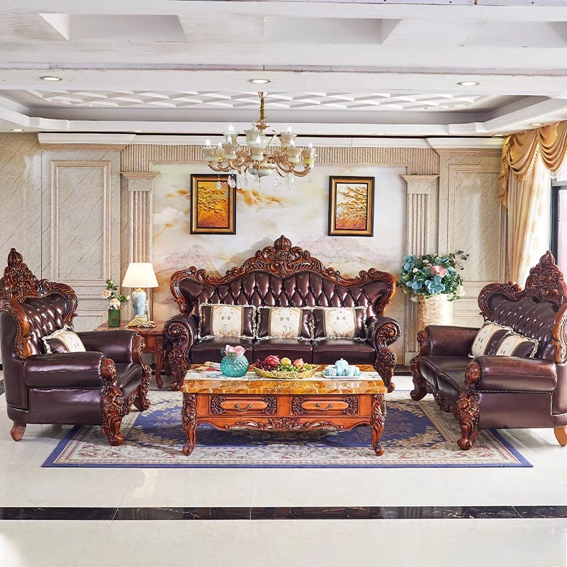 Timeless Royal Leather Sofa with Handcrafted Wood Carvings for Elegant Living Spaces