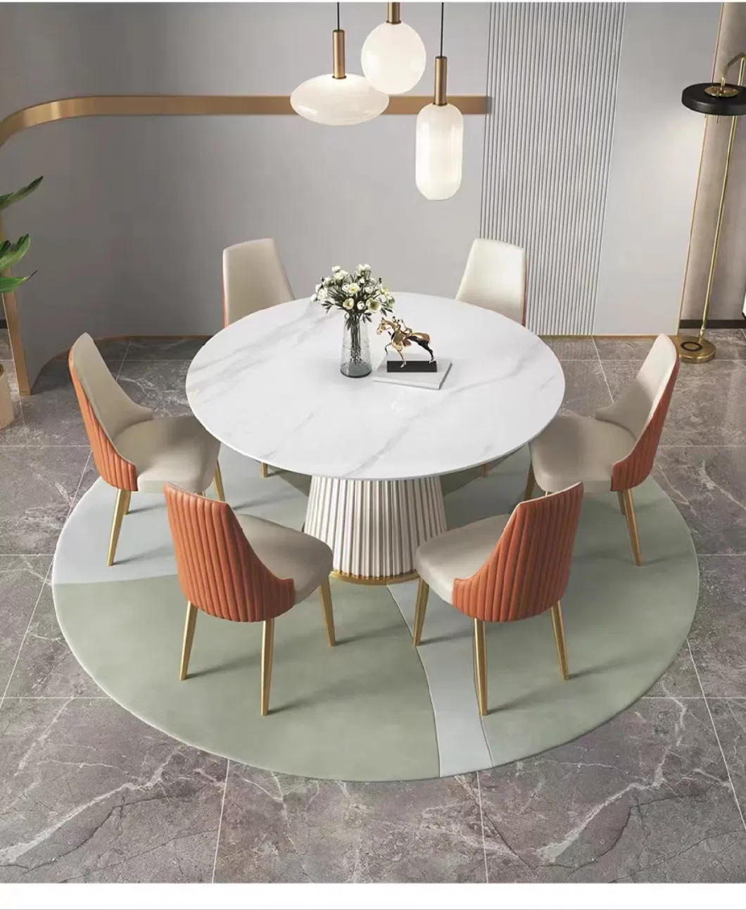 Modern Living Room Rock Board Furniture PU Leather Facing Round Dining Table