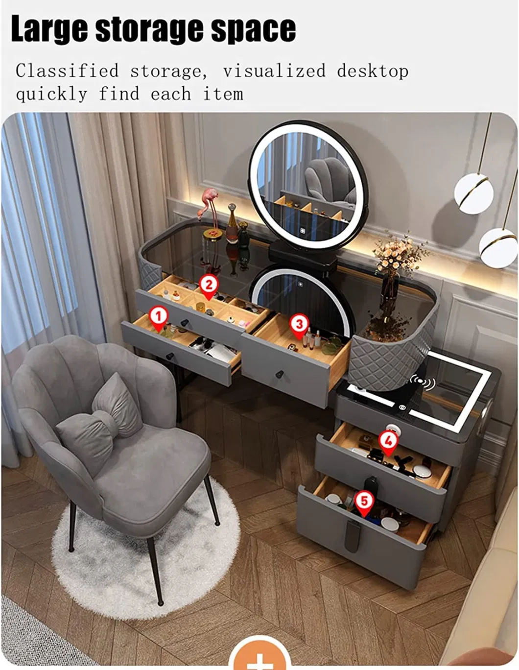 Home Bedroom Multifuncitional Vanity Furniture Set with LED Light Modern Smart Intelligent Dresser with Mirror Dressing Table with Metal Legs Wireless Charging