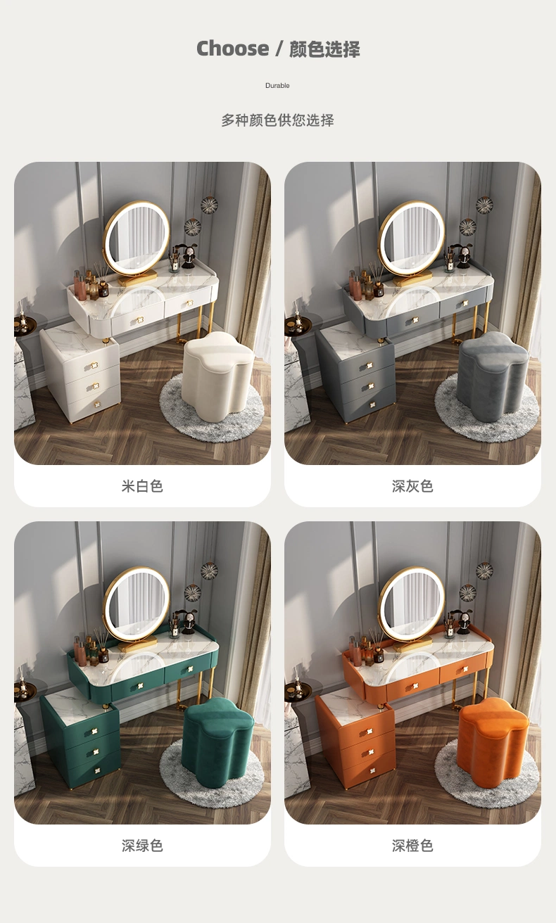 Modern Wood Vanity Home/Hotel Living Bedroom Furniture Makeup Dresser Nordic Dressing Table Set with Chair and LED Touch Screen Dimming Round Mirror