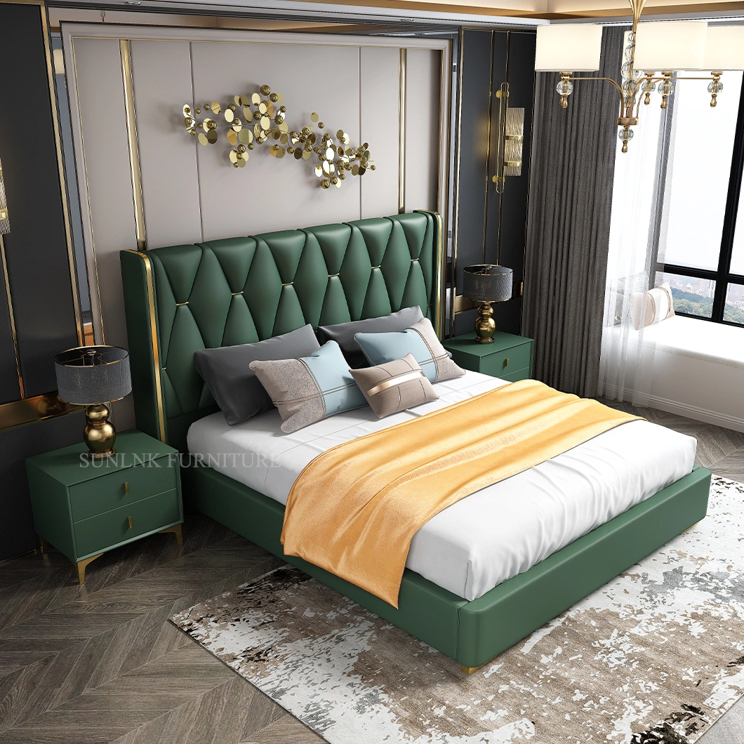 Luxury Home Leather Cama Furniture Set Tufted Wooden King Size Bedroom Bed